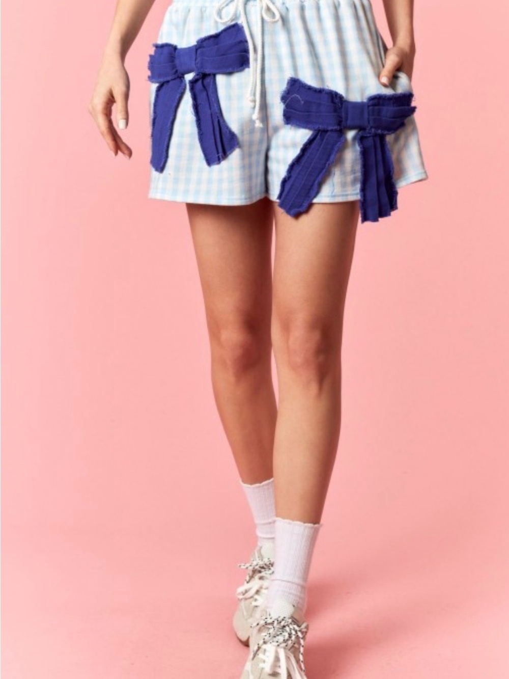 Light Blue Gingham Mini Skirt with Navy Bow Accents